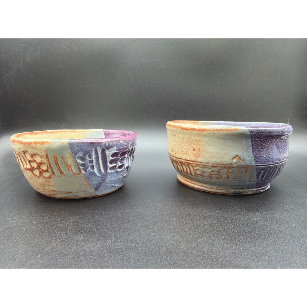 Studio Pottery Bowl Lot 2 Signed Textured Glaze Purple Brown Handmade Ceramic